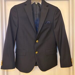 B by Brooks Brothers Boys 10R Navy Suit Jacket Blazer with pocket square